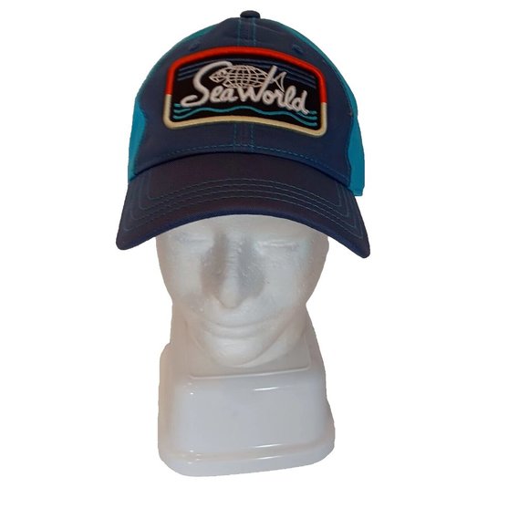 SeaWorld Orig Logo Patch Mens Blue Trucker Cap Strapback Hat w/ Embroidered Logo - Picture 9 of 9